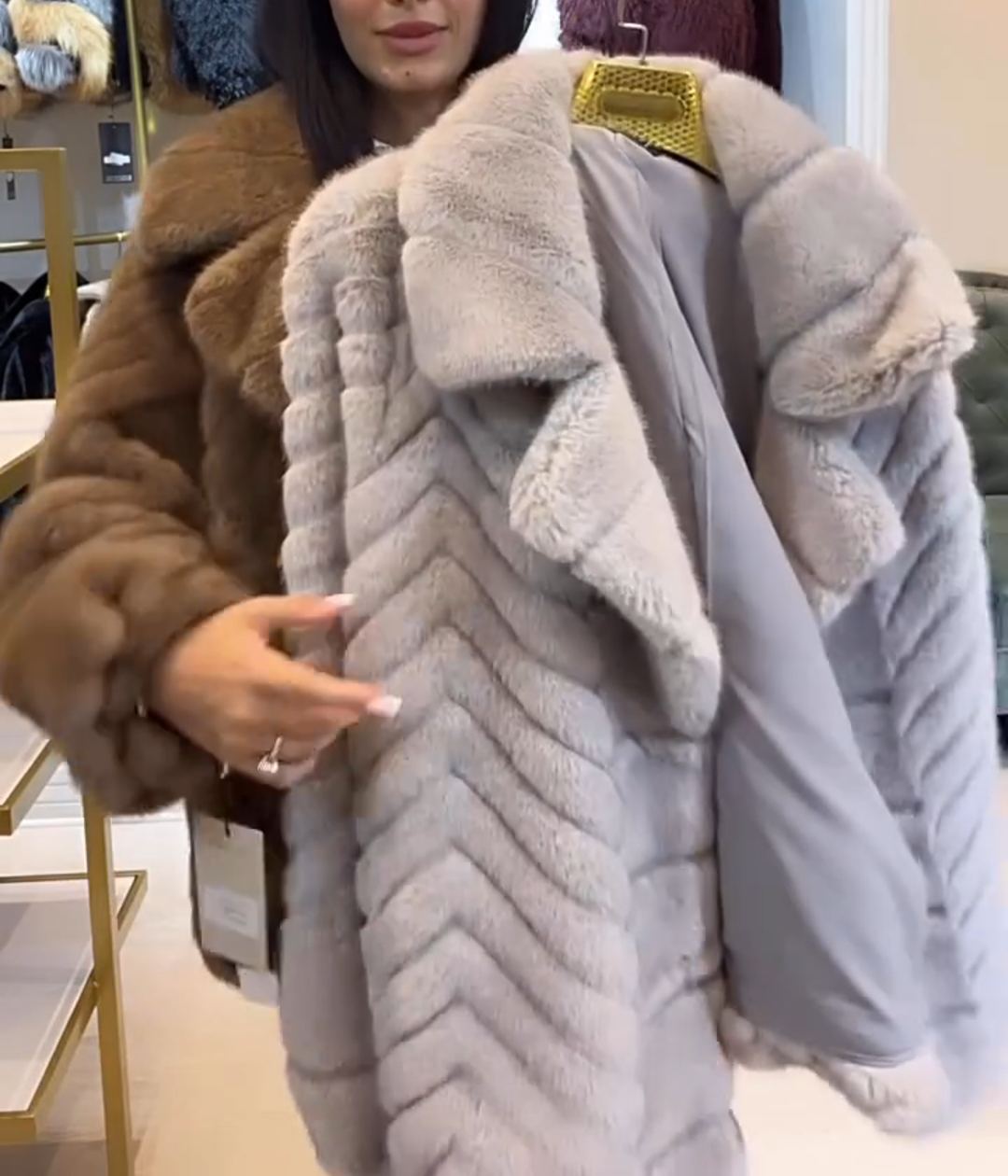 Luxury Herringbone Textured Camel Faux Fur Coat