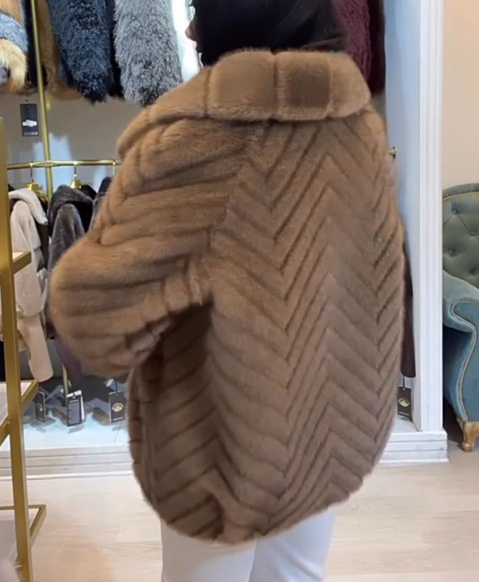 Luxury Herringbone Textured Camel Faux Fur Coat