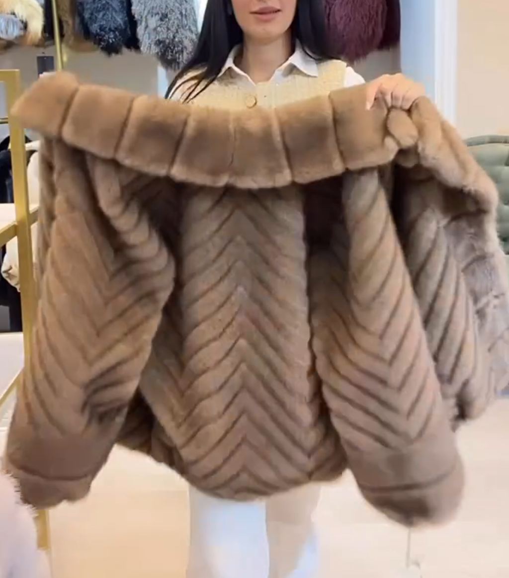 Luxury Herringbone Textured Camel Faux Fur Coat