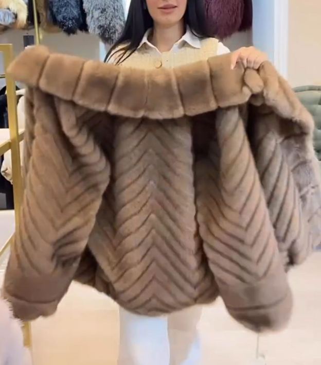 Luxury Herringbone Textured Camel Faux Fur Coat