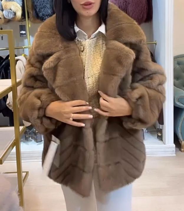Luxury Herringbone Textured Camel Faux Fur Coat