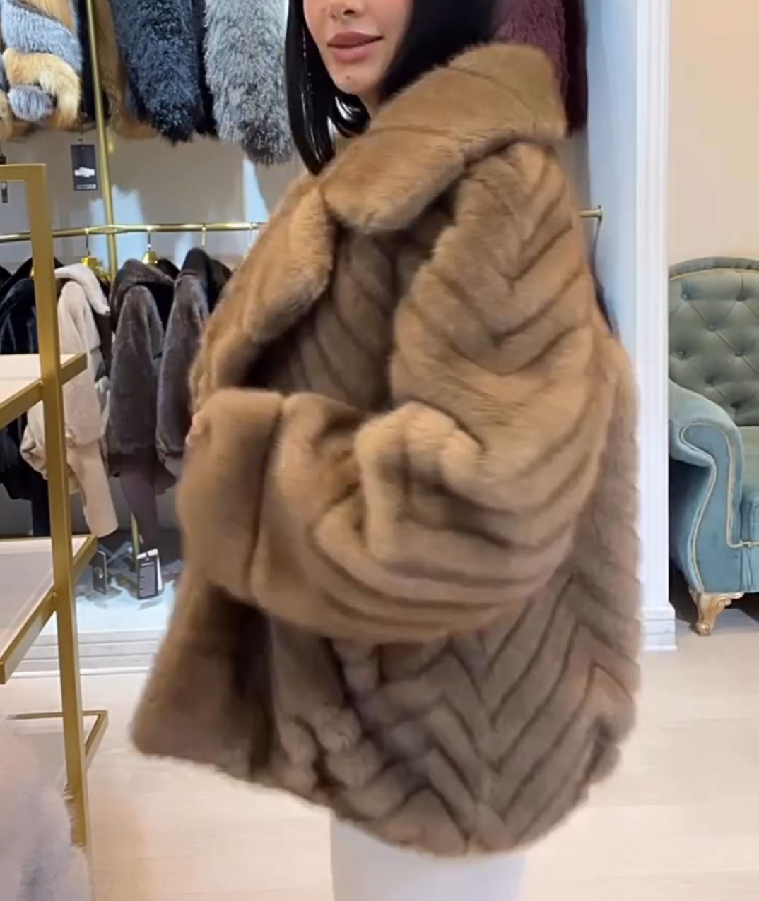 Luxury Herringbone Textured Camel Faux Fur Coat