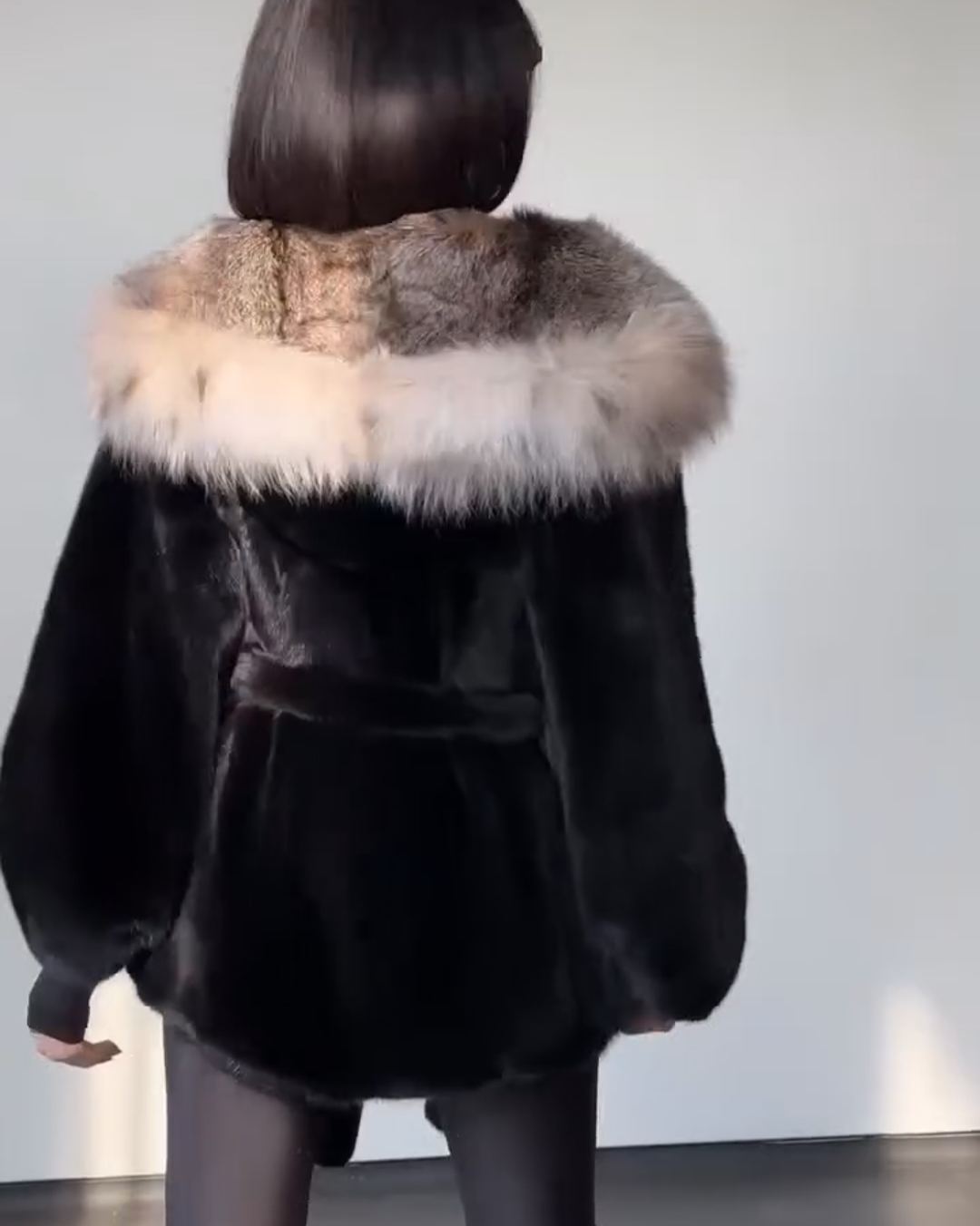 Contrast-Hood Luxury Warm Black Faux Fur Coat