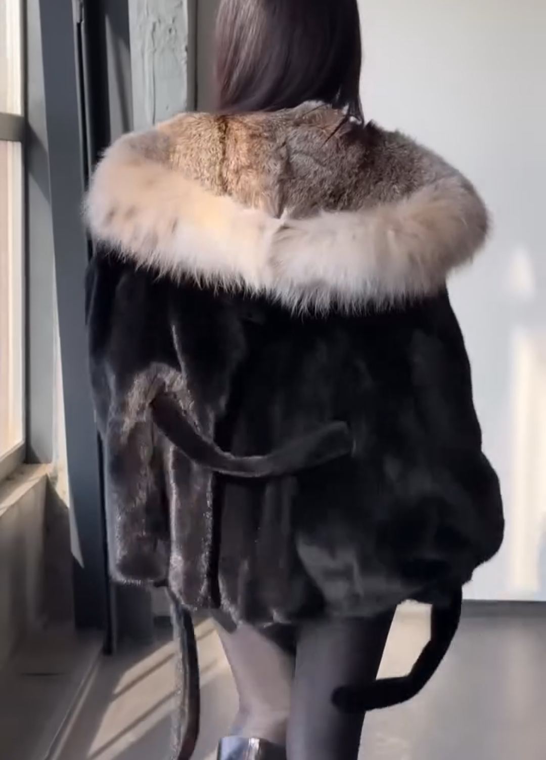 Contrast-Hood Luxury Warm Black Faux Fur Coat