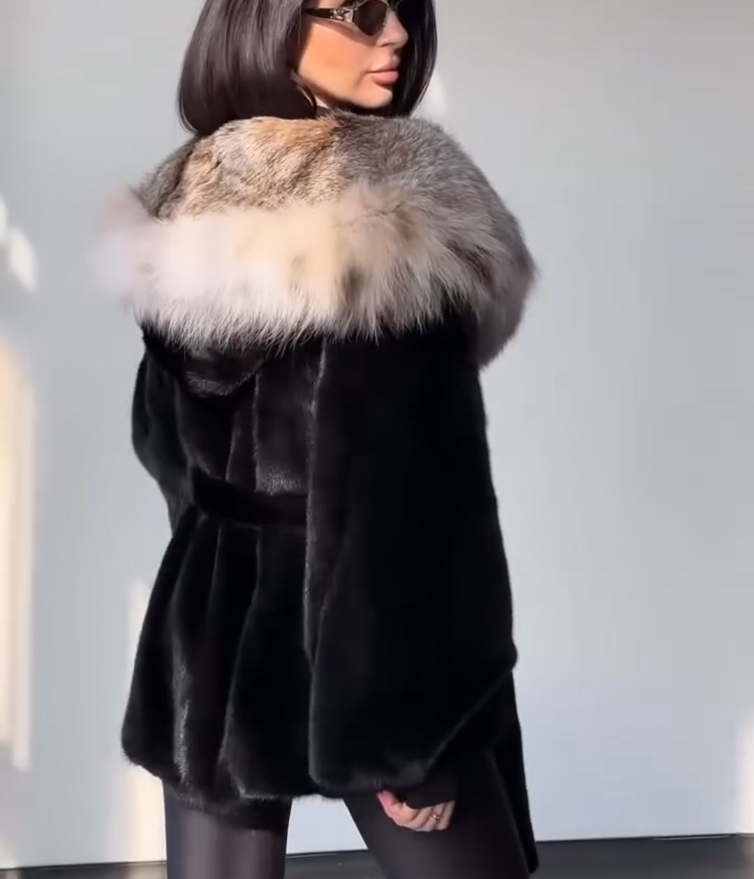 Contrast-Hood Luxury Warm Black Faux Fur Coat