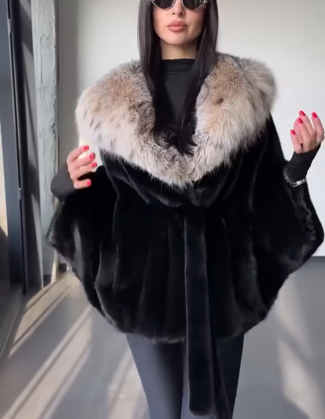 Contrast-Hood Luxury Warm Black Faux Fur Coat