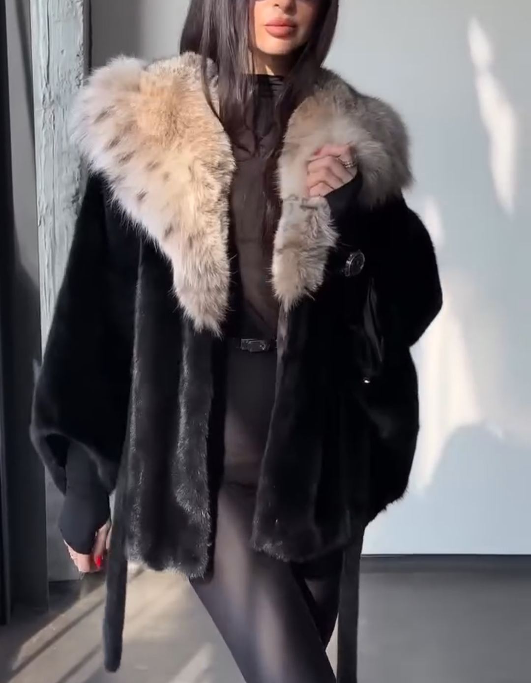 Contrast-Hood Luxury Warm Black Faux Fur Coat