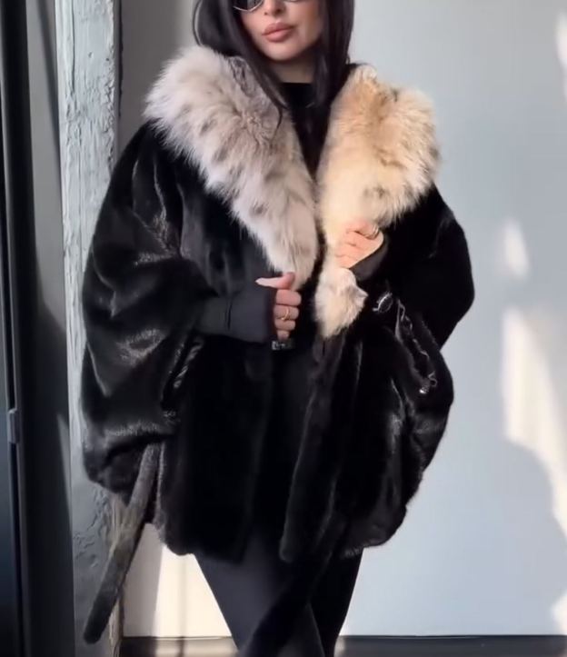 Contrast-Hood Luxury Warm Black Faux Fur Coat