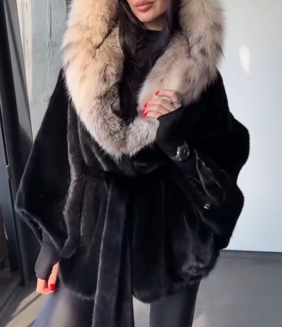 Contrast-Hood Luxury Warm Black Faux Fur Coat