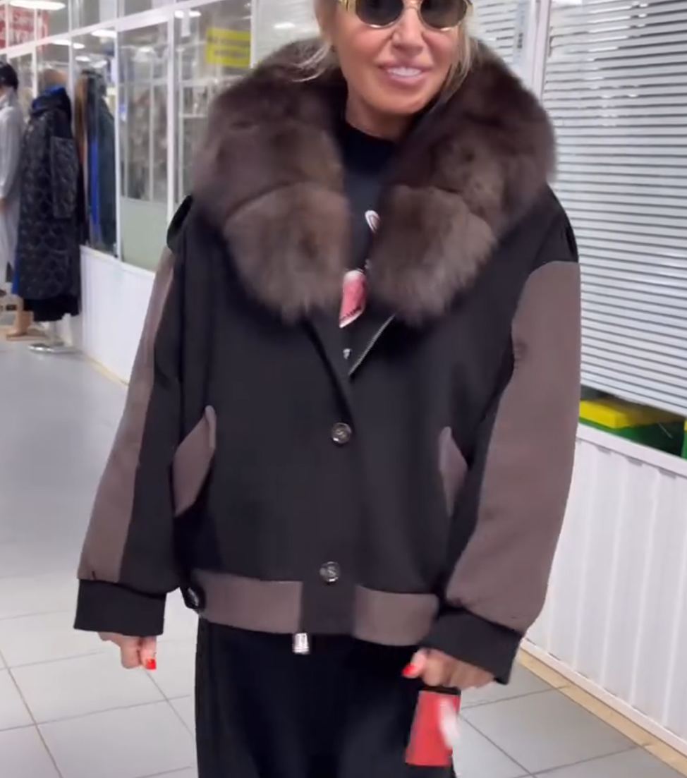 Detachable Fur Collar Black-Brown Contrast Jacket