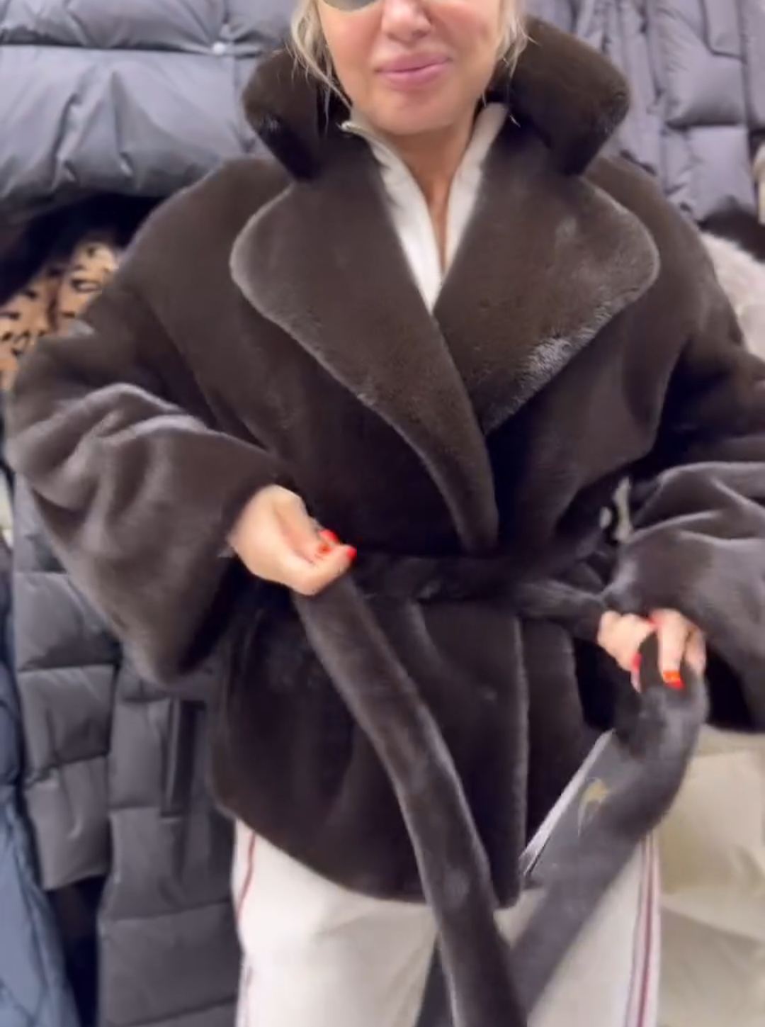 Luxury Waist-Tie Dark Brown Faux Fur Coat