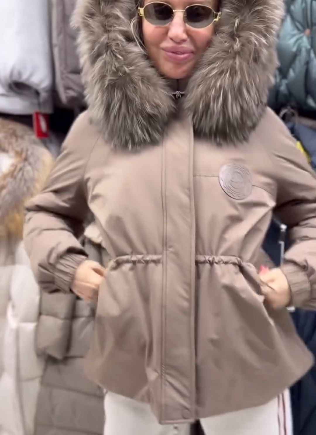 Urban Practical Beige Down Jacket with Fur Hood