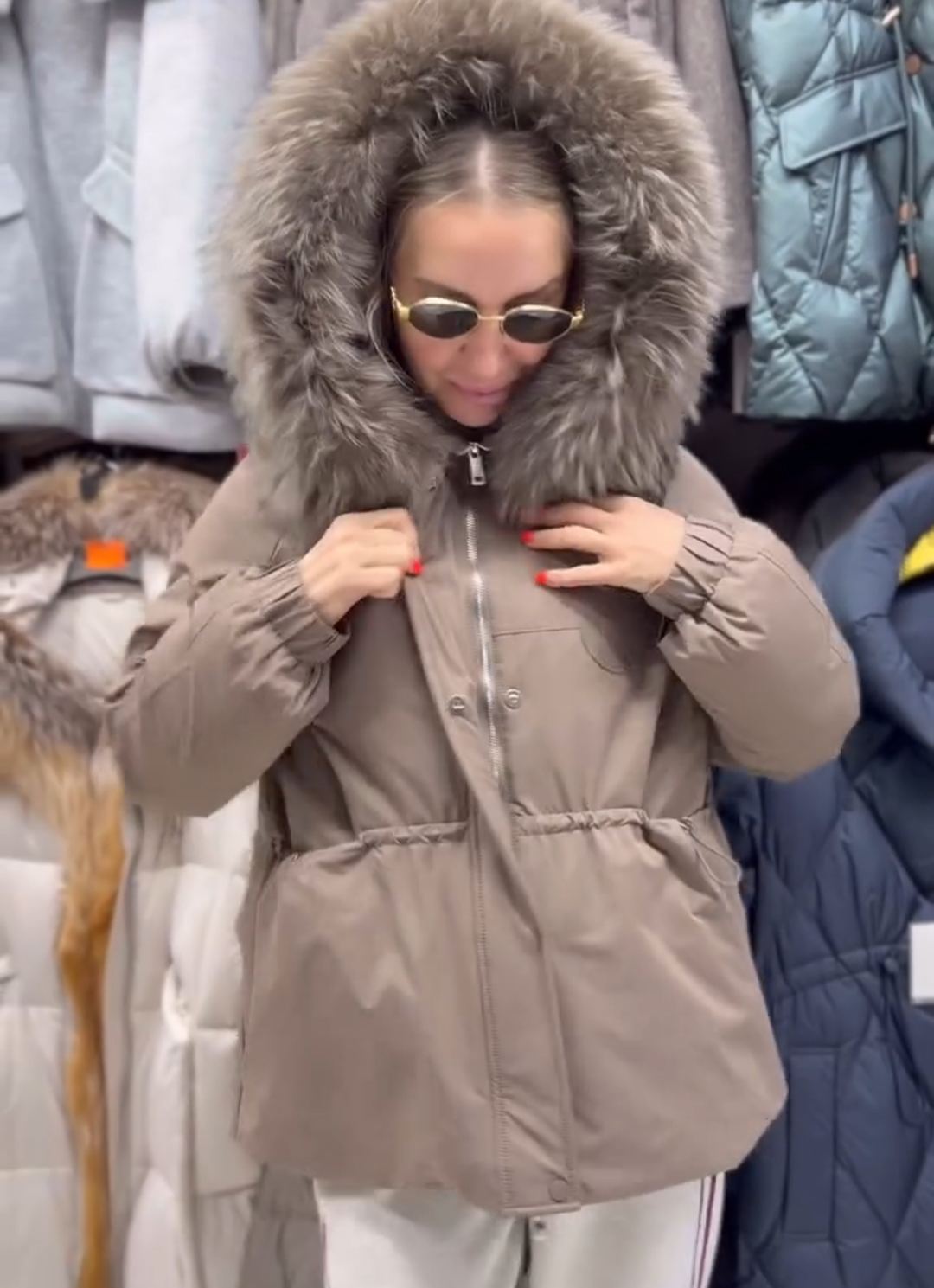 Urban Practical Beige Down Jacket with Fur Hood
