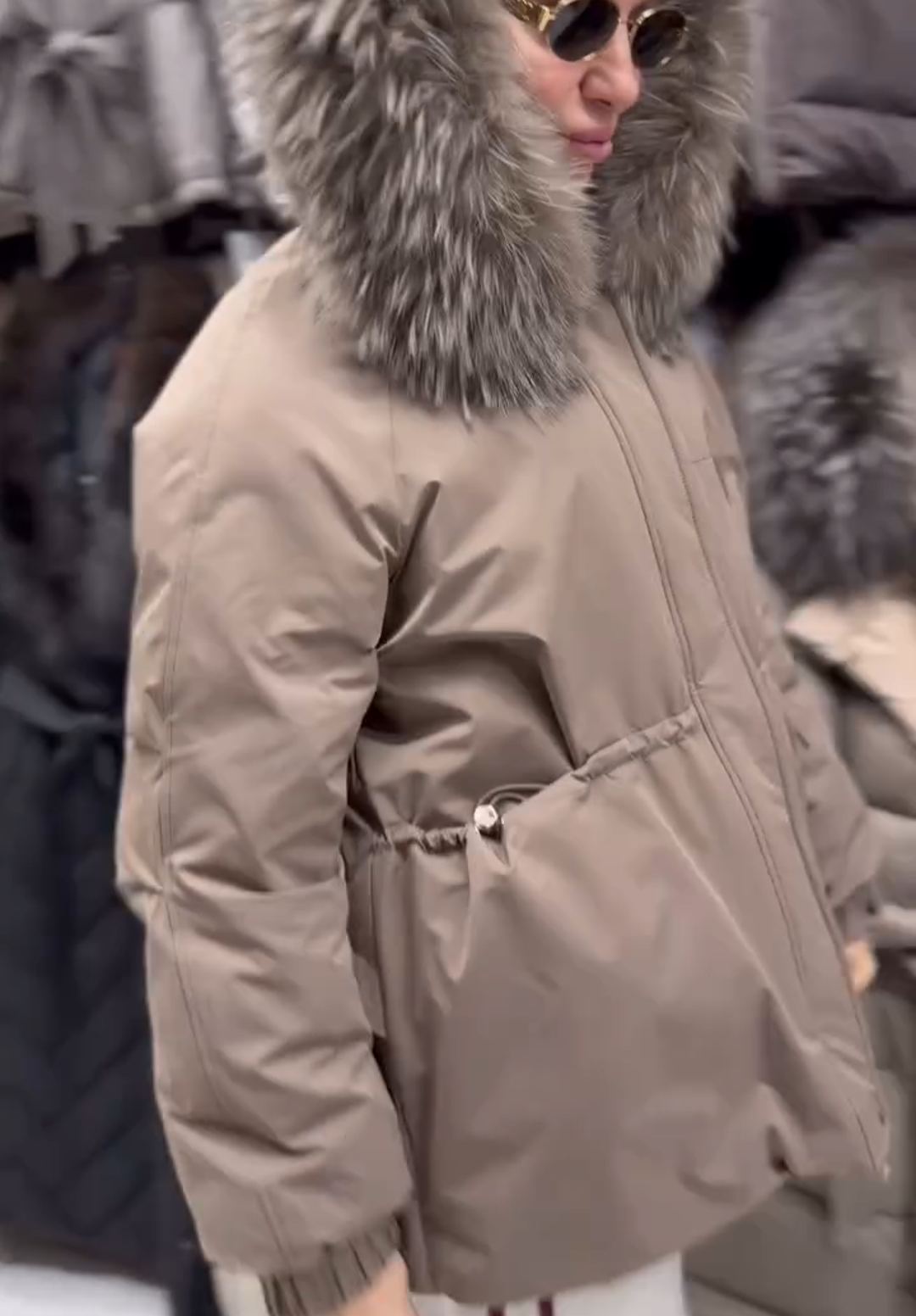 Urban Practical Beige Down Jacket with Fur Hood