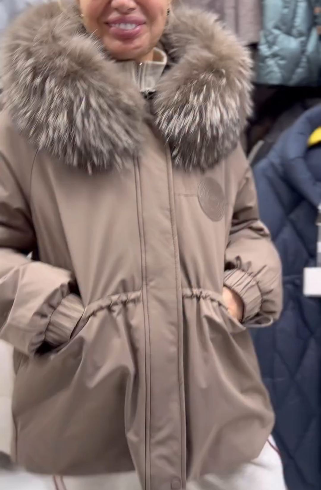 Urban Practical Beige Down Jacket with Fur Hood