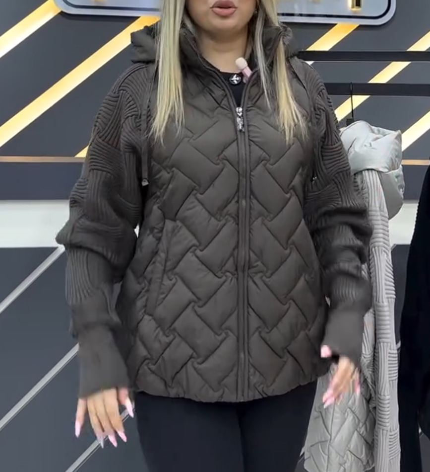 Fashion Mixed-Texture Knit-Sleeve Down Jacket