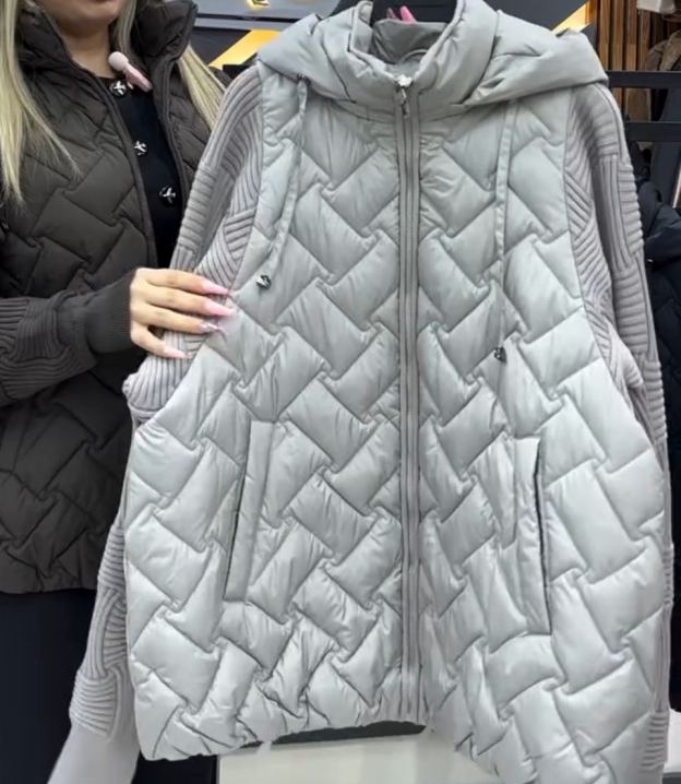 Fashion Mixed-Texture Knit-Sleeve Down Jacket