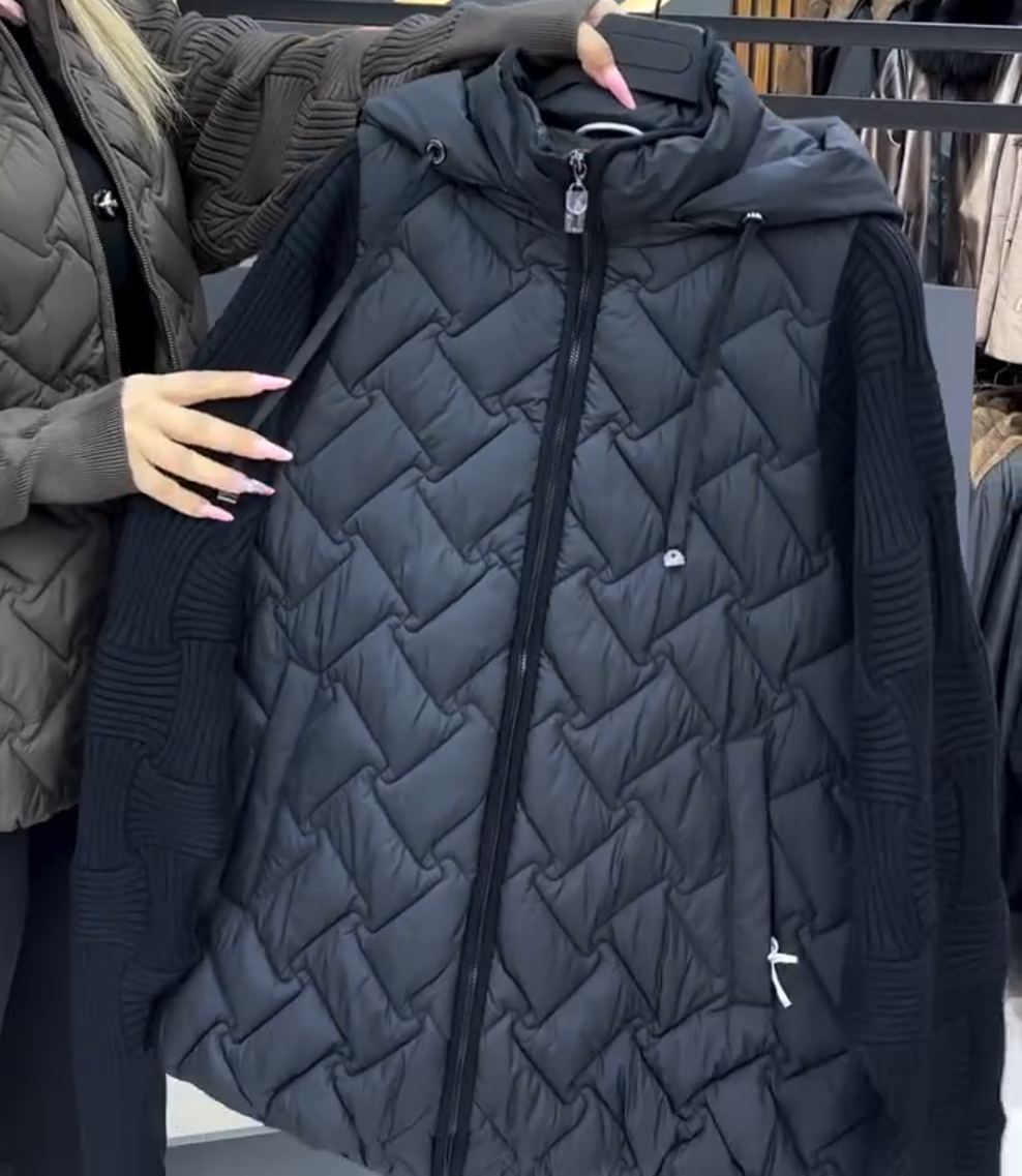 Fashion Mixed-Texture Knit-Sleeve Down Jacket