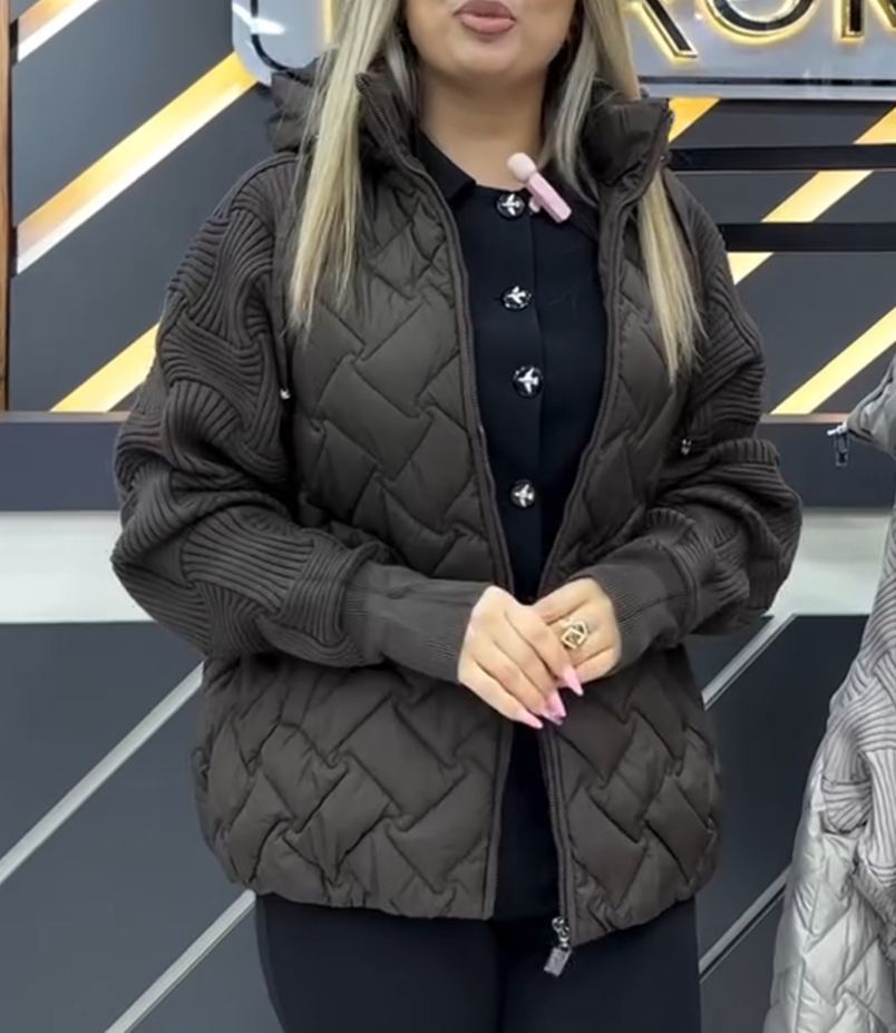 Fashion Mixed-Texture Knit-Sleeve Down Jacket