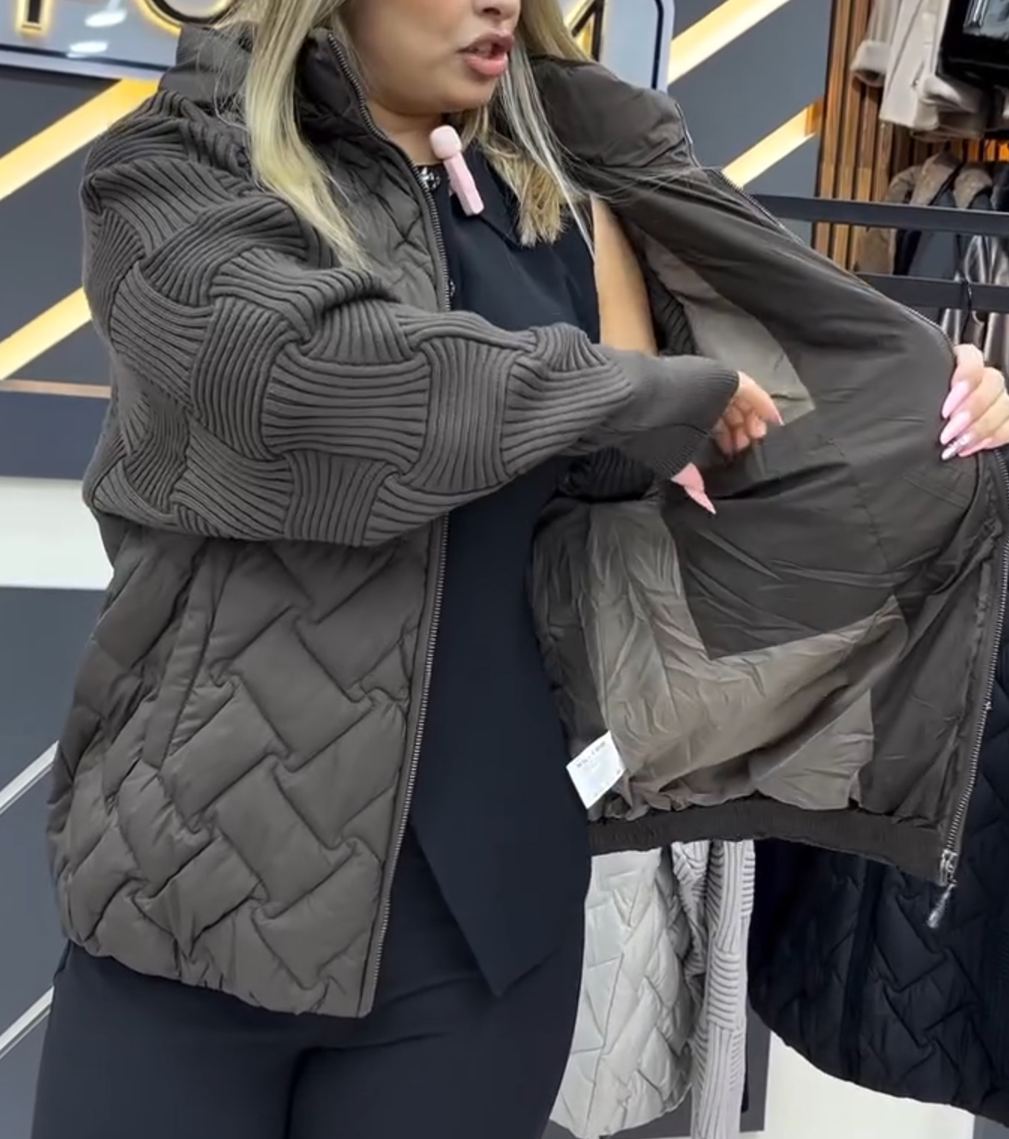 Fashion Mixed-Texture Knit-Sleeve Down Jacket