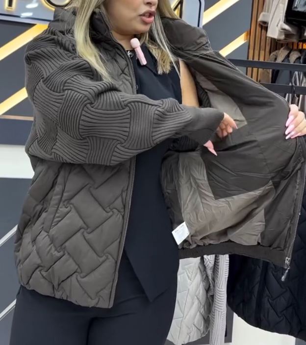 Fashion Mixed-Texture Knit-Sleeve Down Jacket