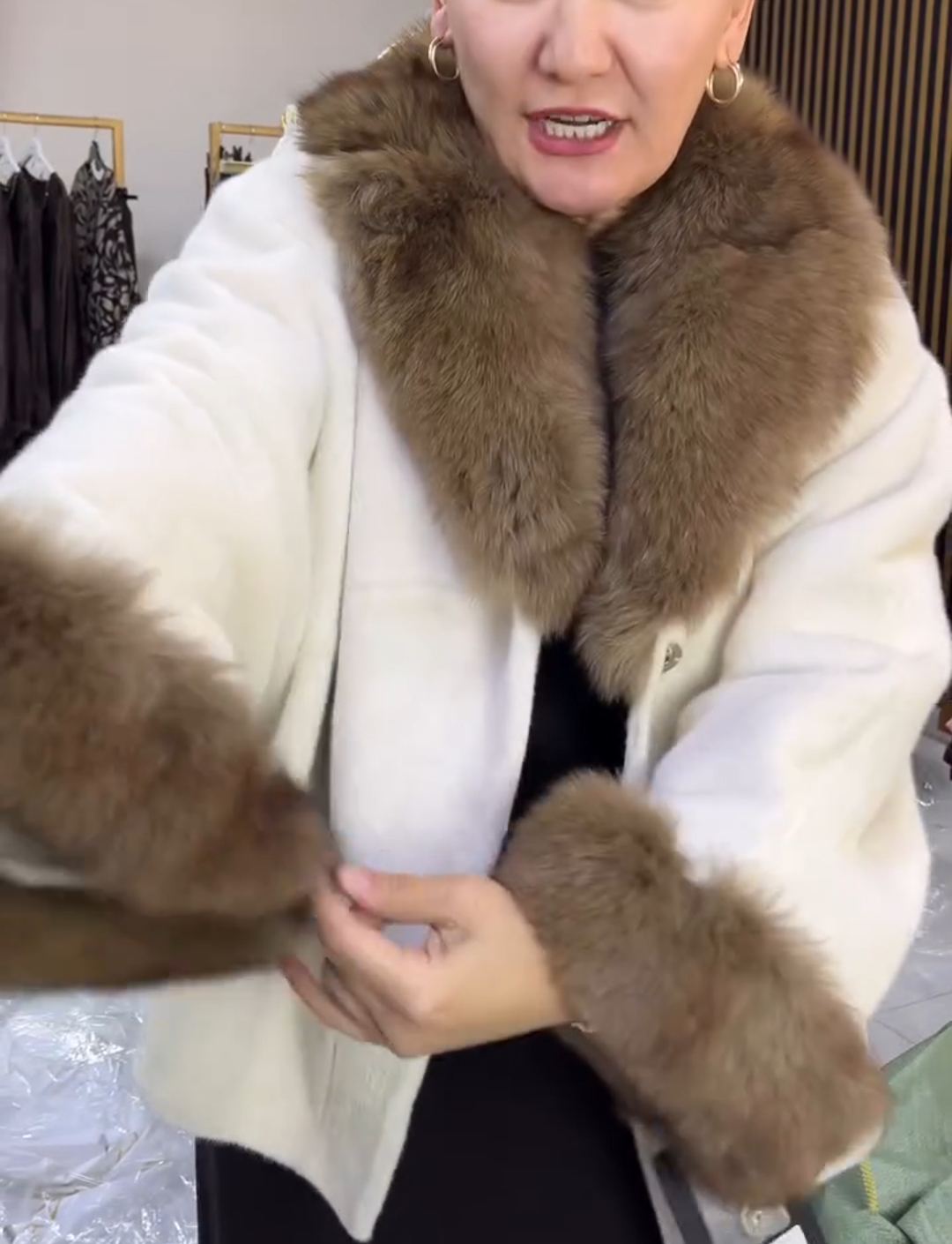 Urban Elegant White Coat with Brown Fur