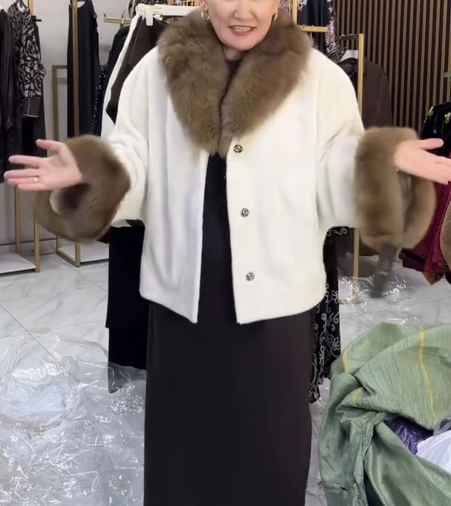 Urban Elegant White Coat with Brown Fur