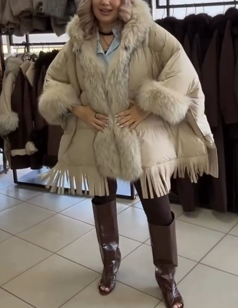 Luxury Fur & Fringe Beige Down Jacket