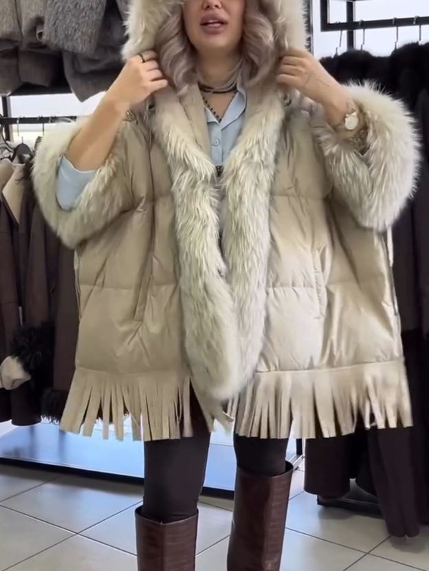 Luxury Fur & Fringe Beige Down Jacket