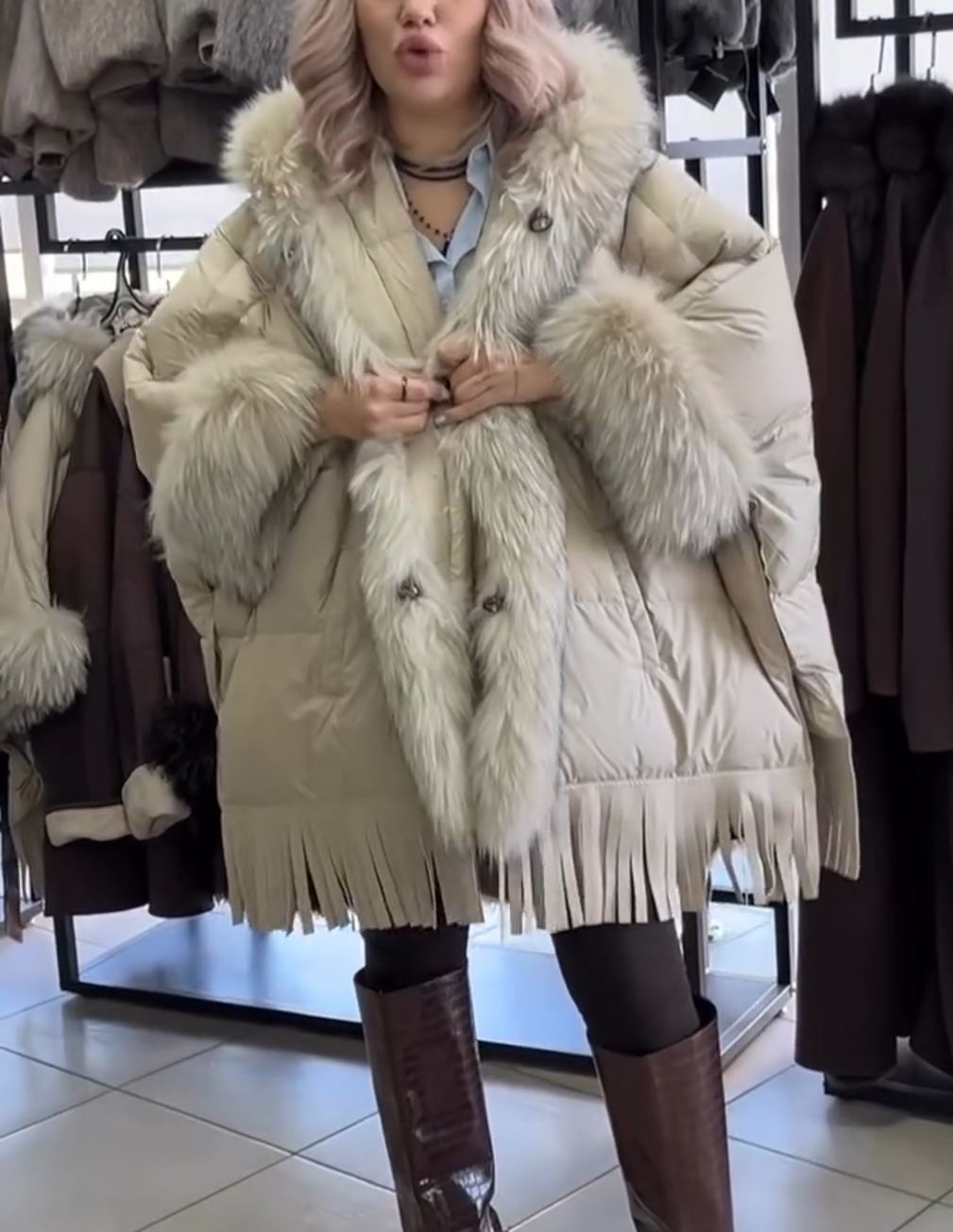 Luxury Fur & Fringe Beige Down Jacket