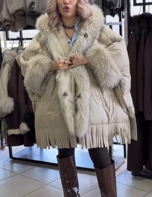 Luxury Fur & Fringe Beige Down Jacket