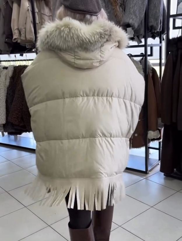 Luxury Fur & Fringe Beige Down Jacket