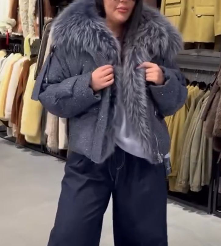 Sparkle Fabric Luxury Fur Hood Gray-Blue Down Jacket