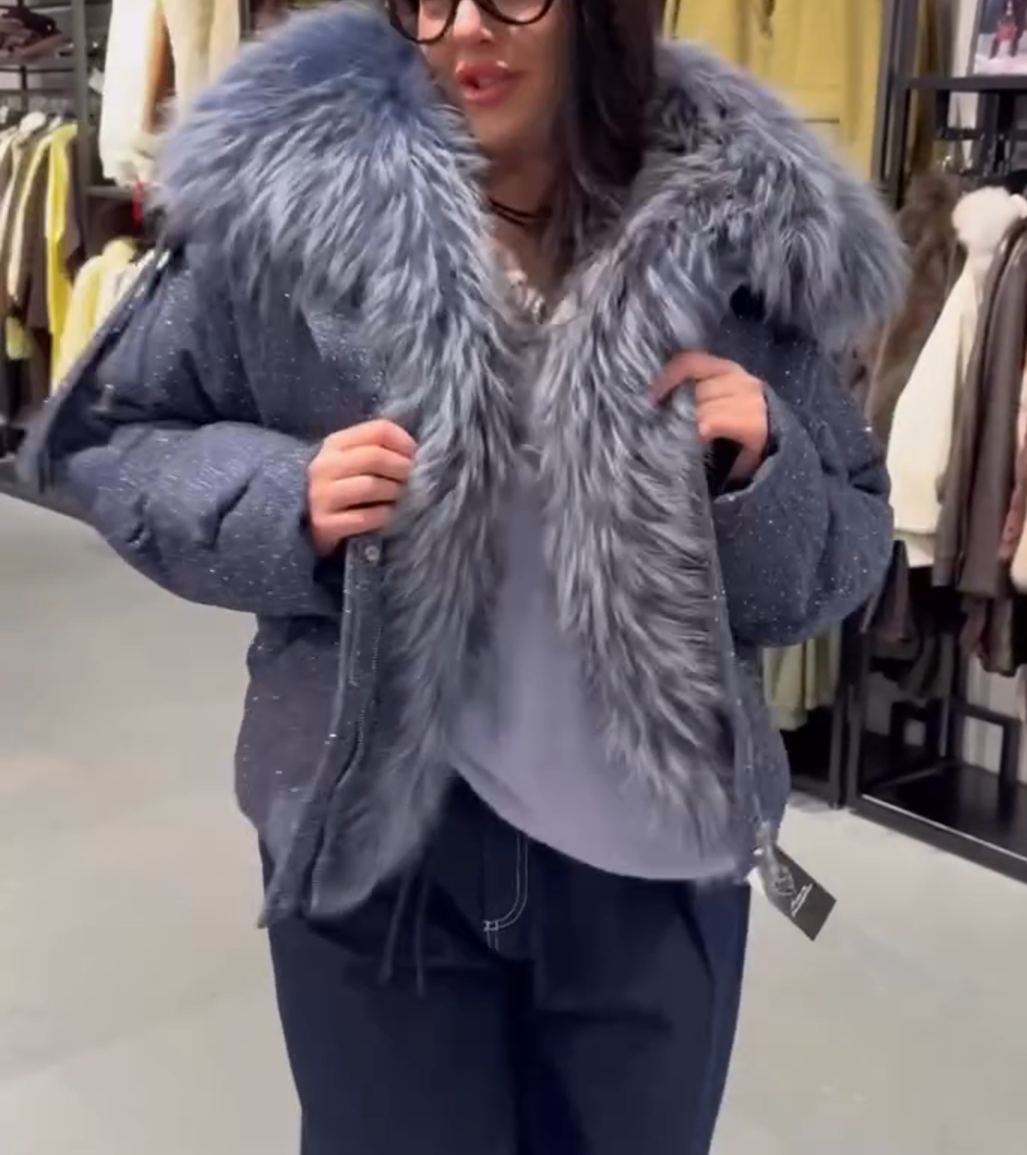 Sparkle Fabric Luxury Fur Hood Gray-Blue Down Jacket