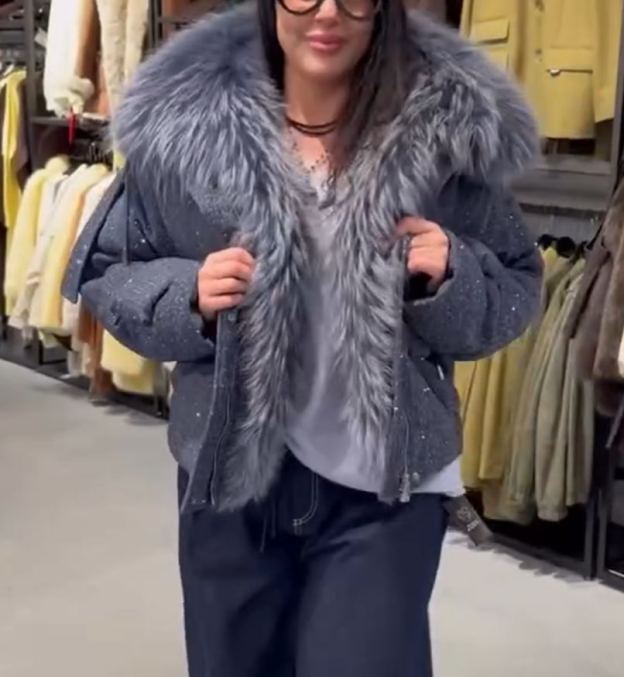 Sparkle Fabric Luxury Fur Hood Gray-Blue Down Jacket