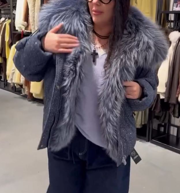 Sparkle Fabric Luxury Fur Hood Gray-Blue Down Jacket