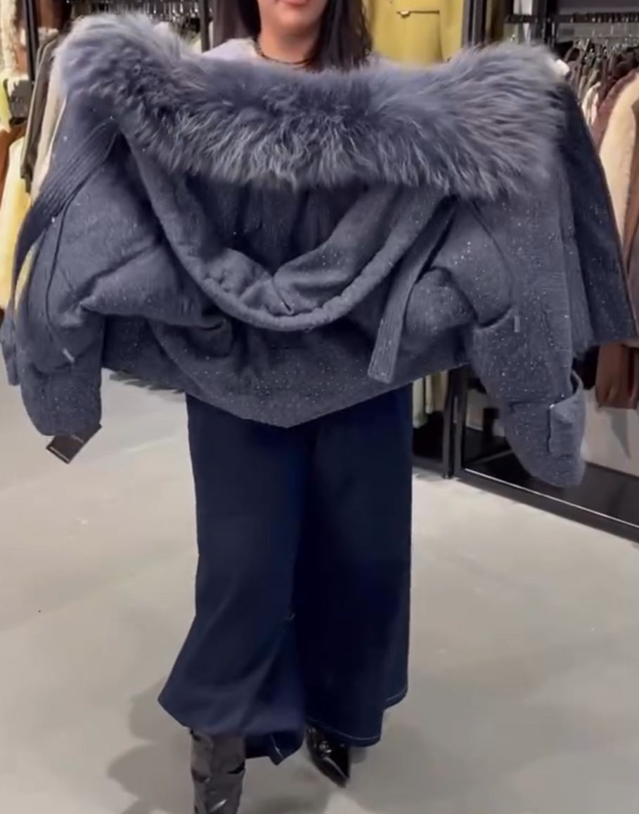 Sparkle Fabric Luxury Fur Hood Gray-Blue Down Jacket