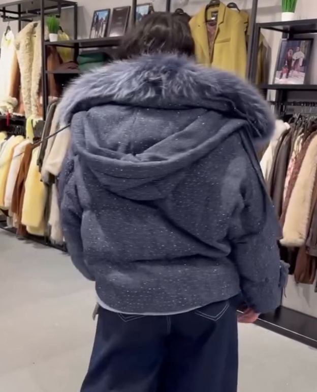 Sparkle Fabric Luxury Fur Hood Gray-Blue Down Jacket