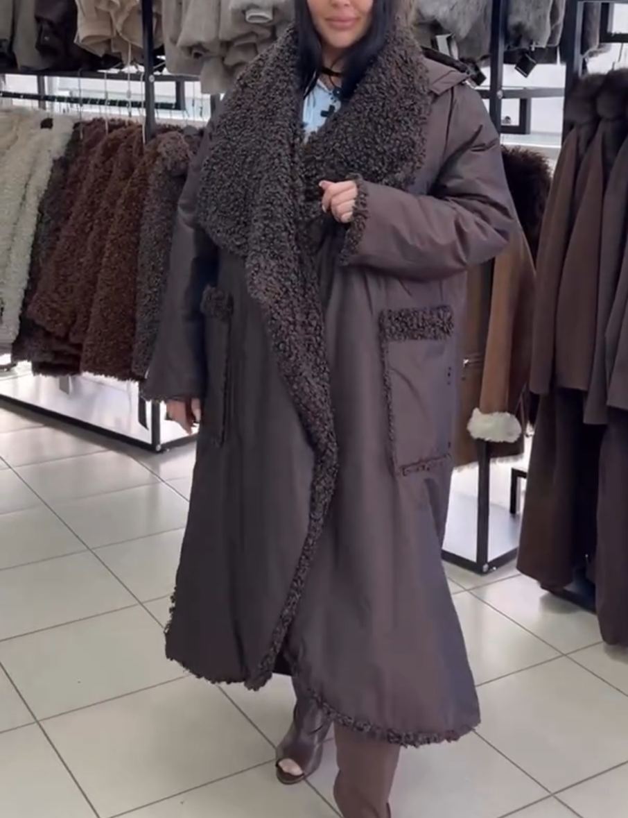 Full Shearling-Lined Long Brown Down Coat