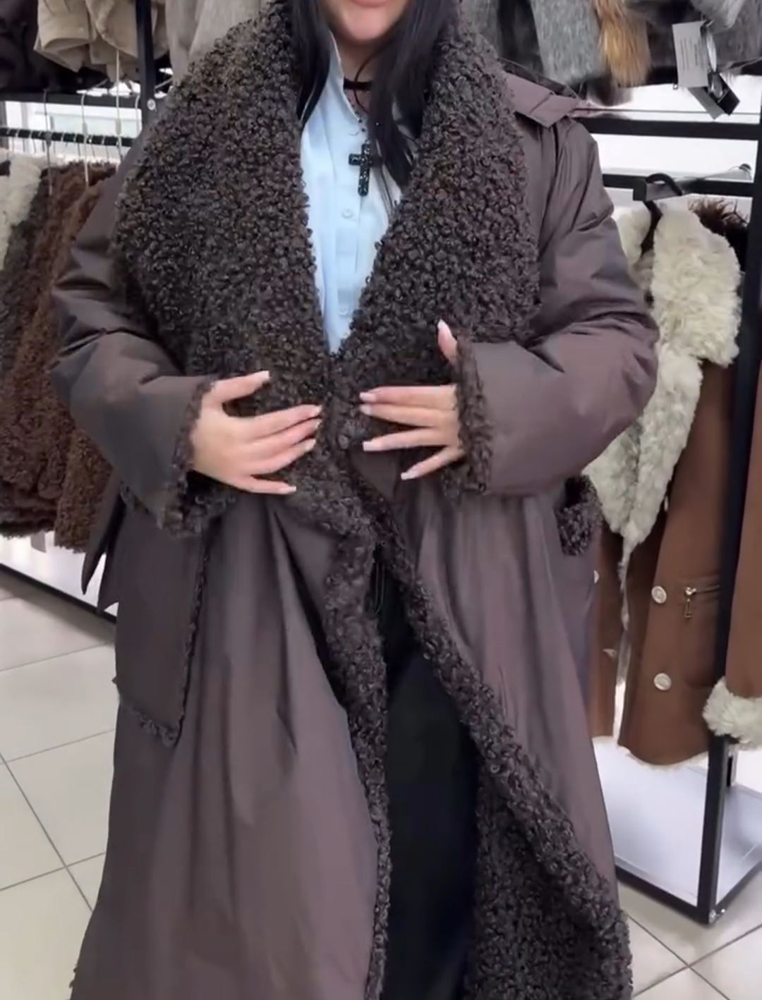 Full Shearling-Lined Long Brown Down Coat