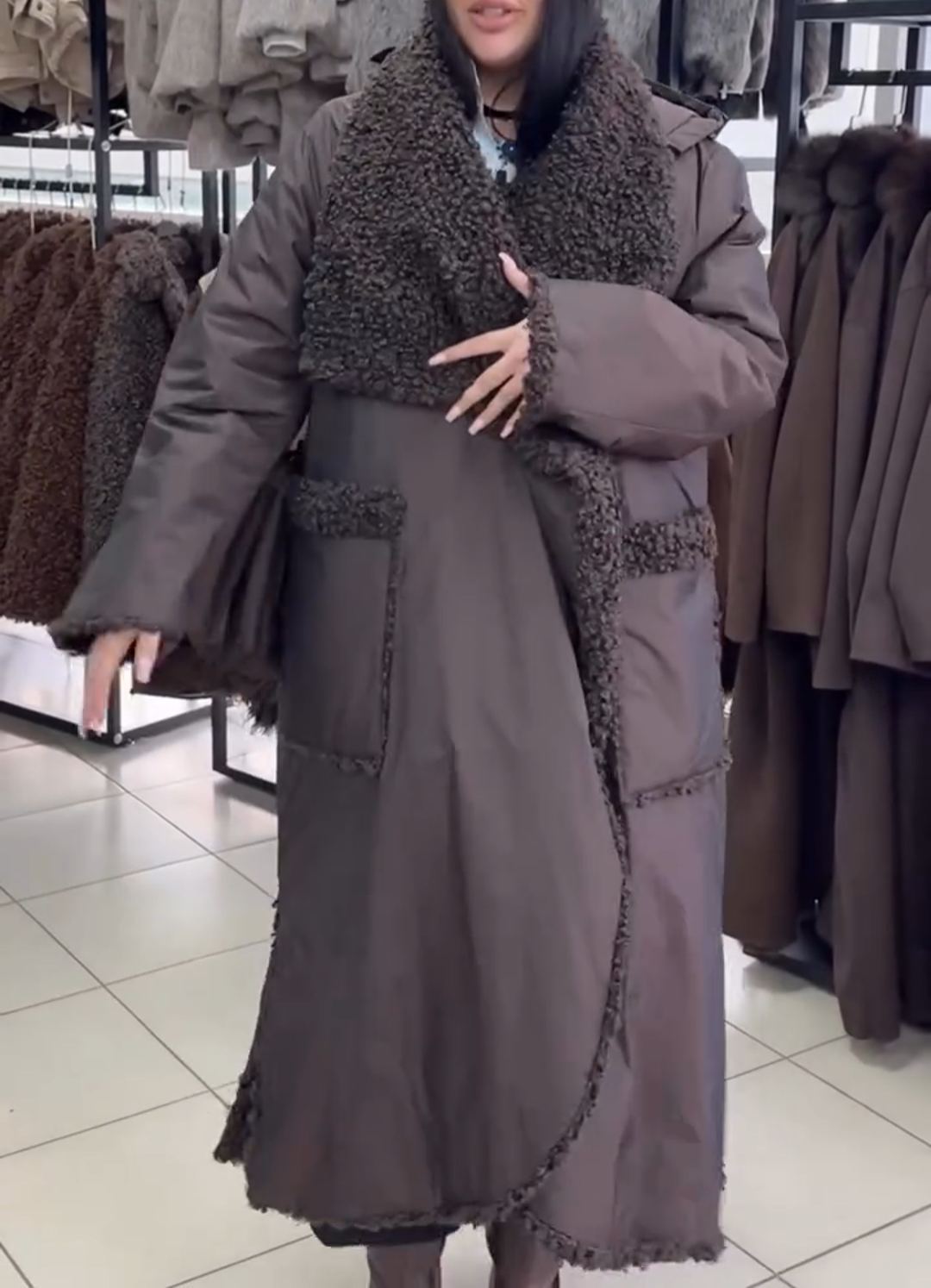 Full Shearling-Lined Long Brown Down Coat