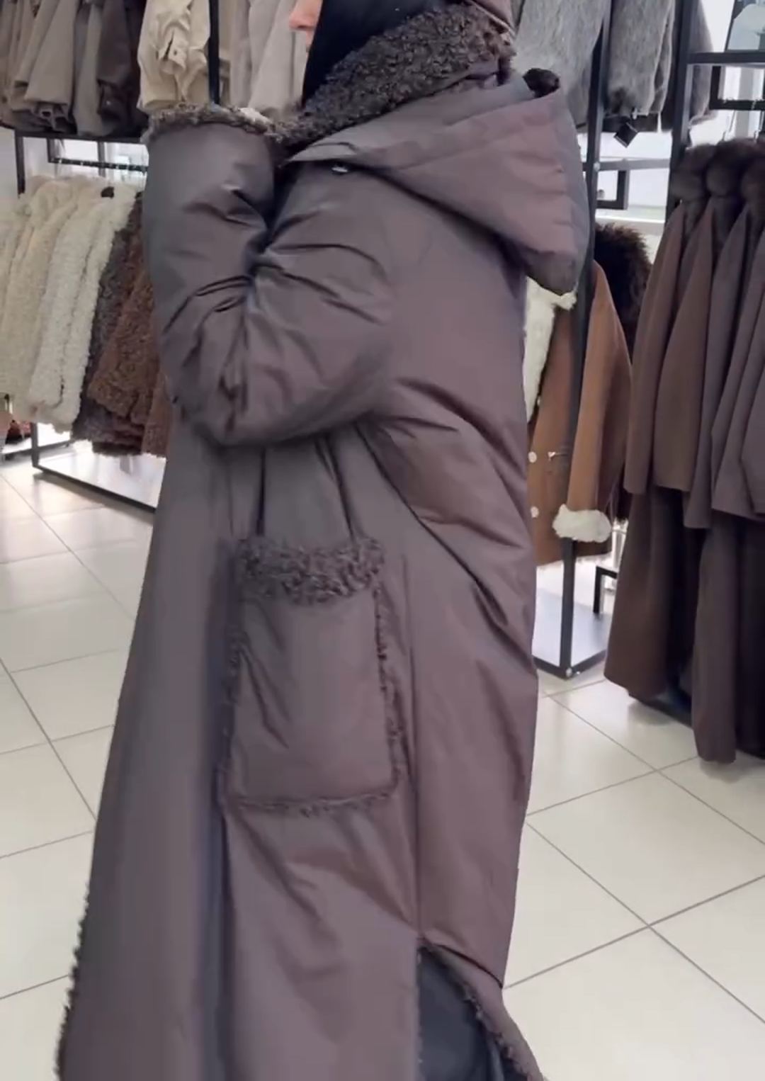 Full Shearling-Lined Long Brown Down Coat