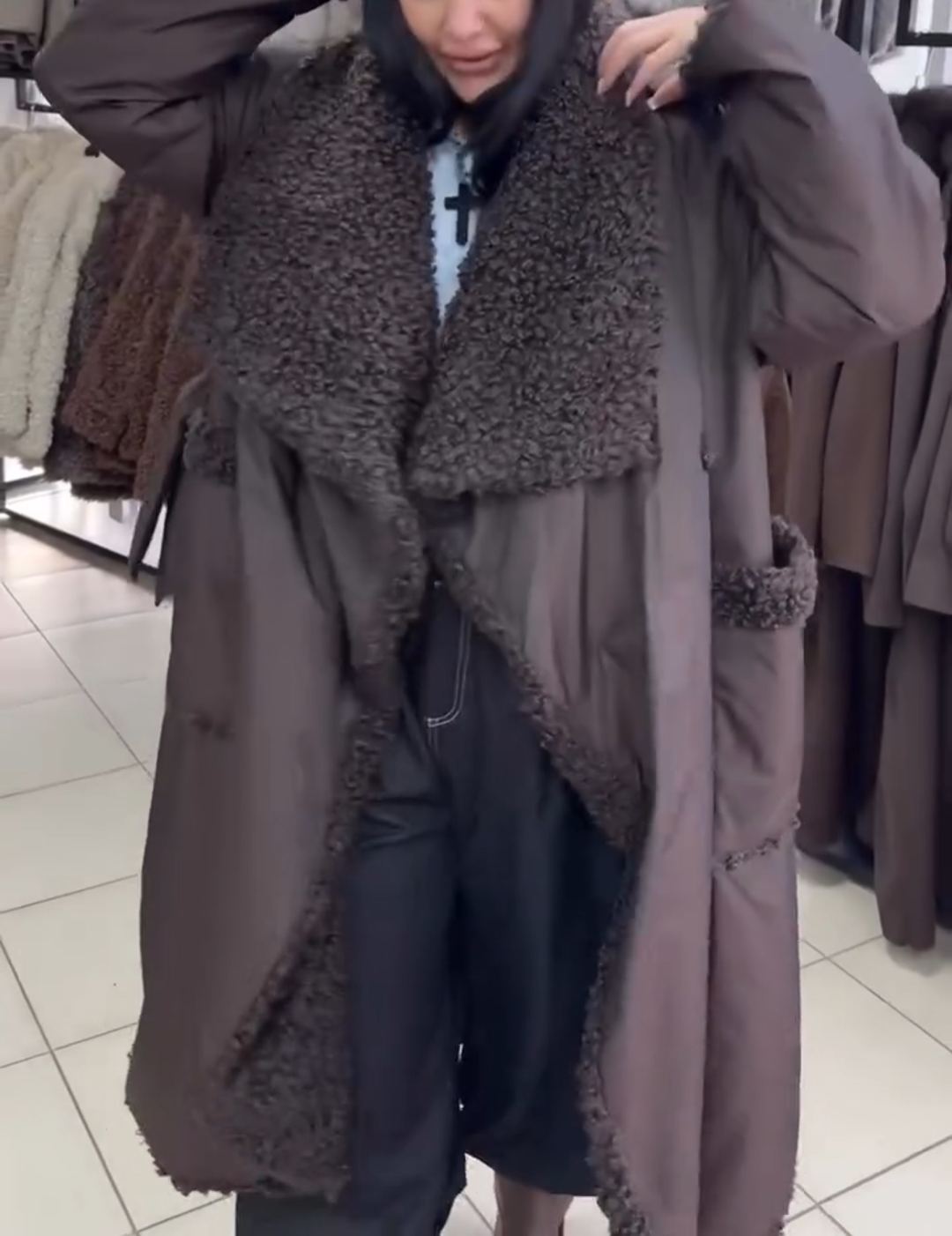 Full Shearling-Lined Long Brown Down Coat
