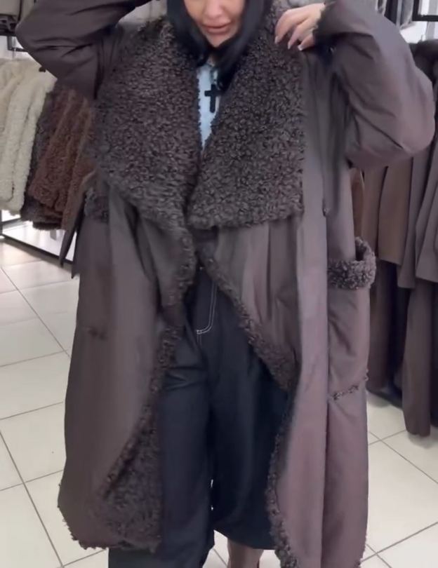 Full Shearling-Lined Long Brown Down Coat