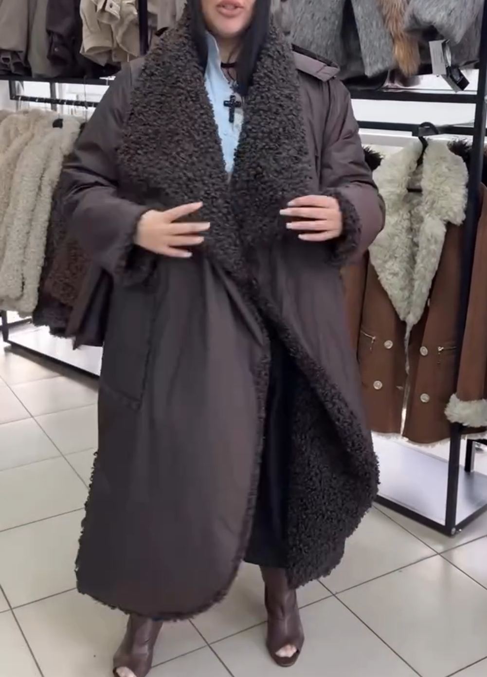 Full Shearling-Lined Long Brown Down Coat