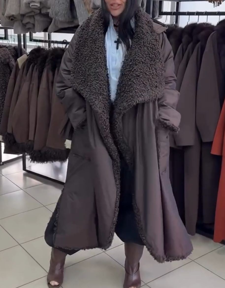 Full Shearling-Lined Long Brown Down Coat
