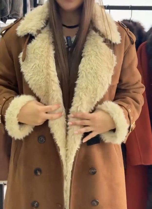 Fashion Full Shearling-Lined Long Brown Coat