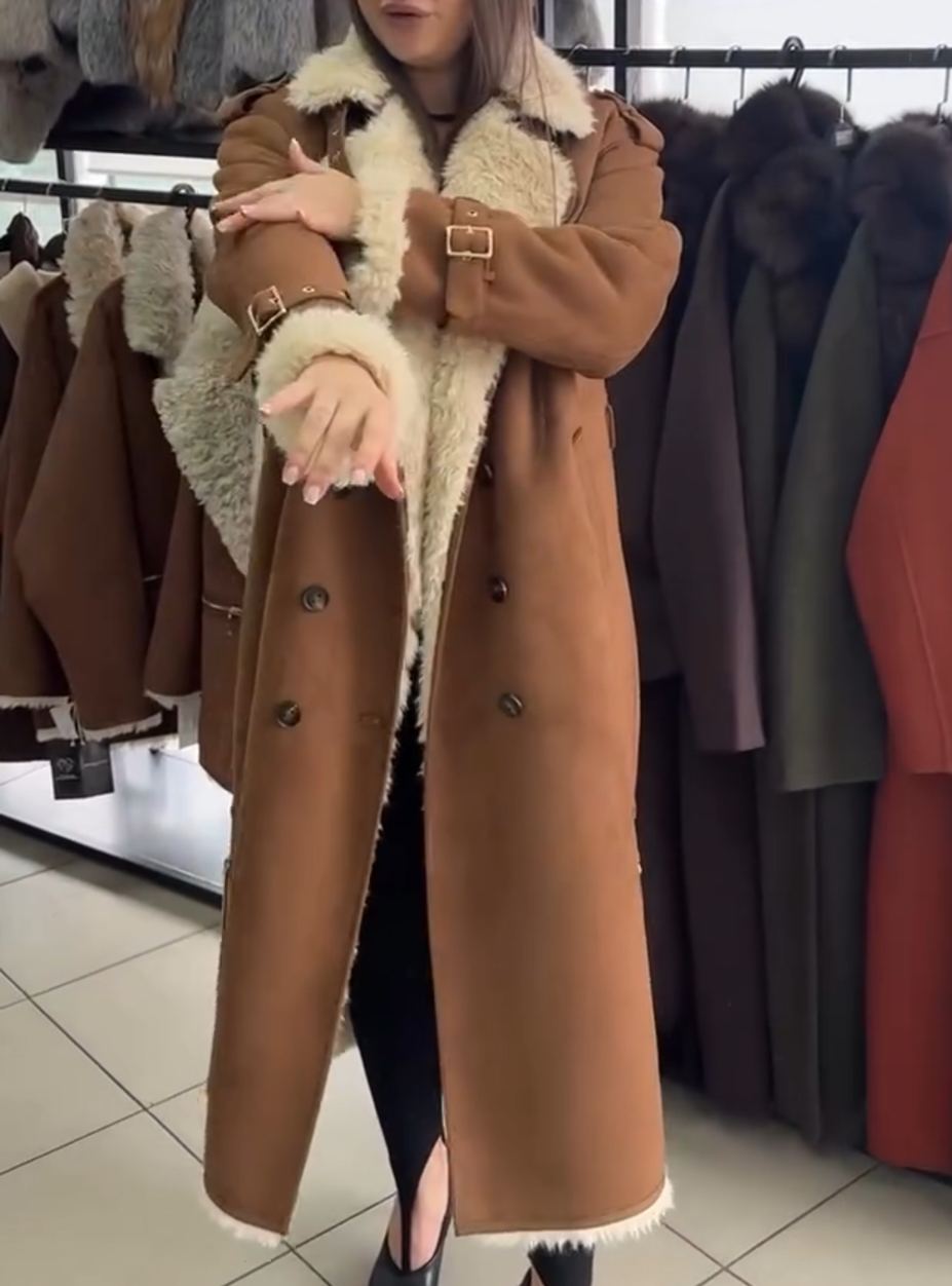Fashion Full Shearling-Lined Long Brown Coat