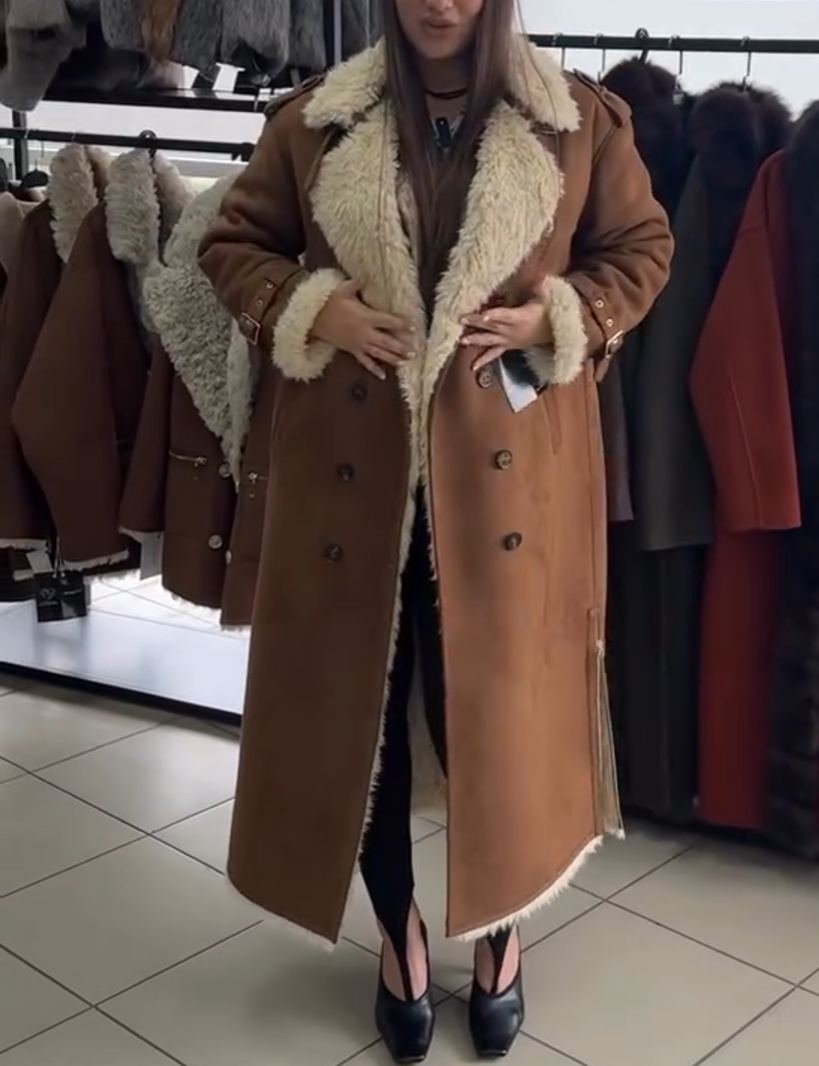 Fashion Full Shearling-Lined Long Brown Coat