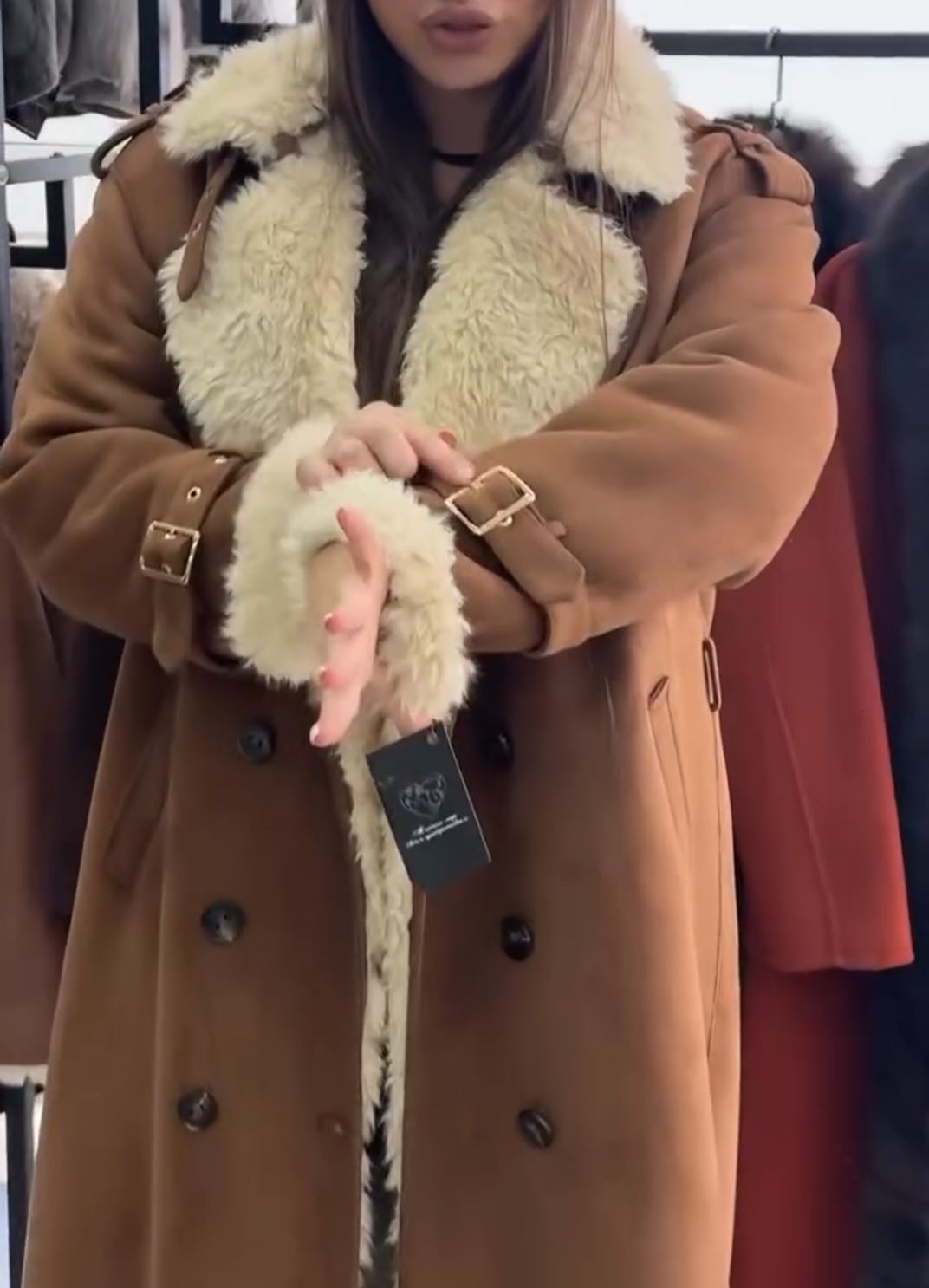 Fashion Full Shearling-Lined Long Brown Coat